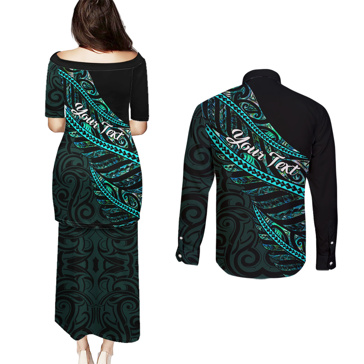 Personalised Aotearoa Couples Matching Puletasi Dress and Long Sleeve Button Shirts Silver Fern Mix Paua Shell Polynesian Pattern - Wonder Print Shop