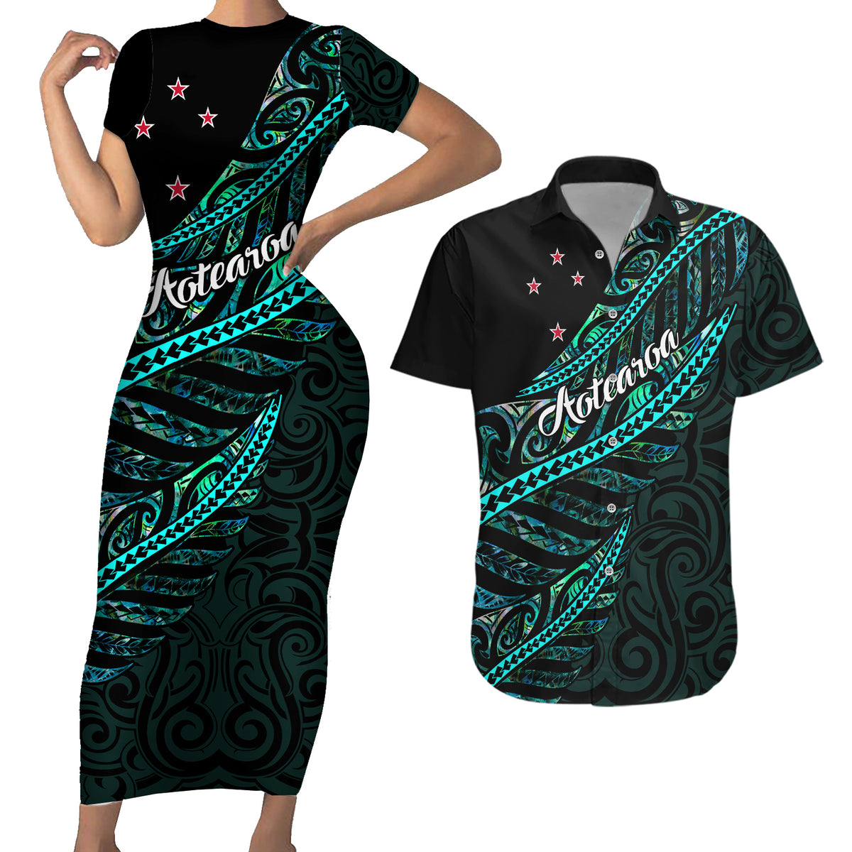 Personalised Aotearoa Couples Matching Short Sleeve Bodycon Dress and Hawaiian Shirt Silver Fern Mix Paua Shell Polynesian Pattern - Wonder Print Shop