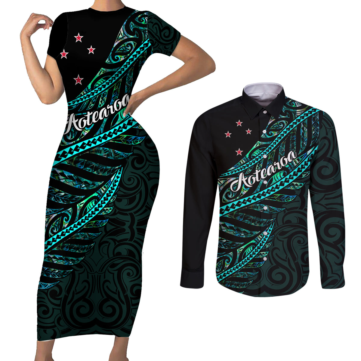 Personalised Aotearoa Couples Matching Short Sleeve Bodycon Dress and Long Sleeve Button Shirts Silver Fern Mix Paua Shell Polynesian Pattern - Wonder Print Shop