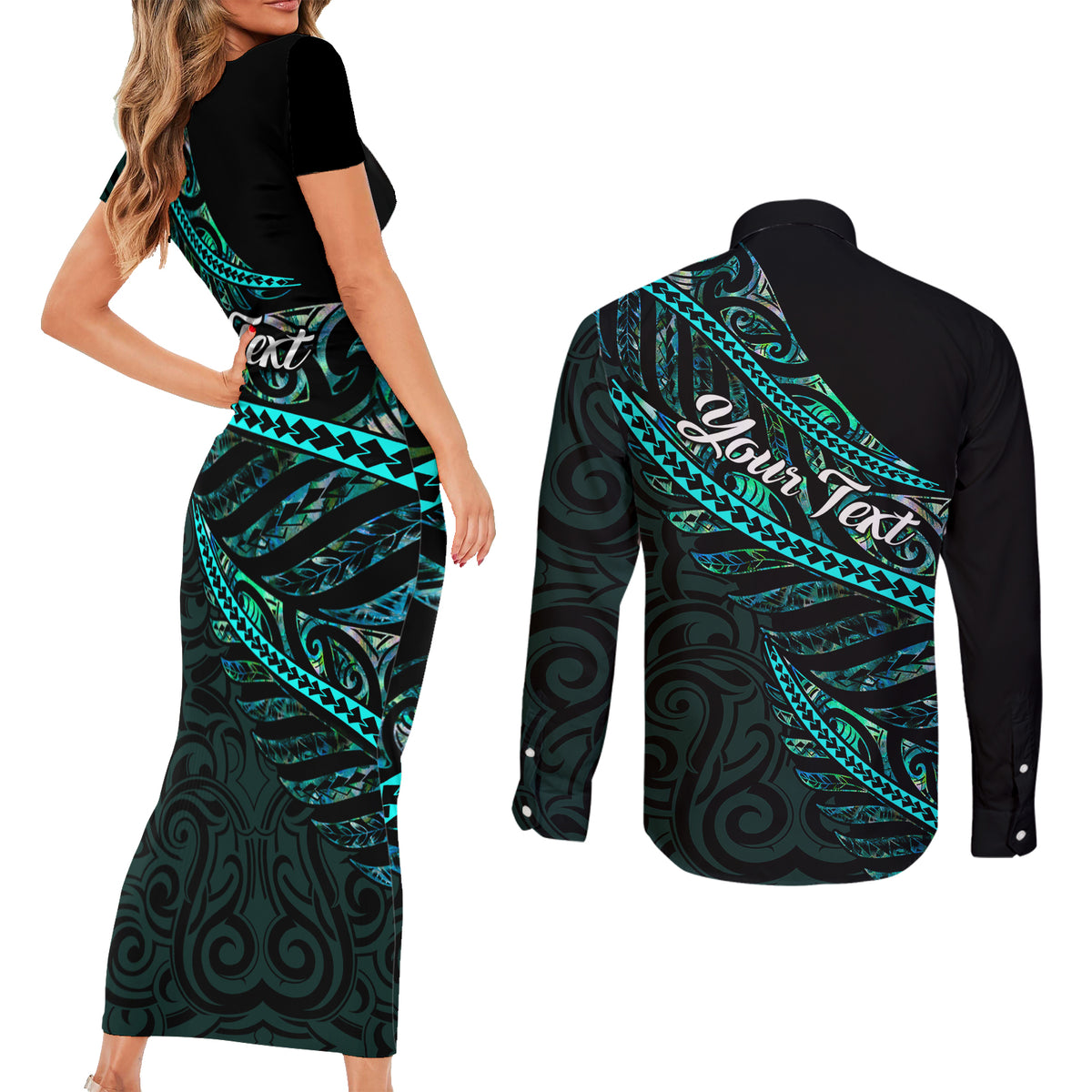 Personalised Aotearoa Couples Matching Short Sleeve Bodycon Dress and Long Sleeve Button Shirts Silver Fern Mix Paua Shell Polynesian Pattern - Wonder Print Shop
