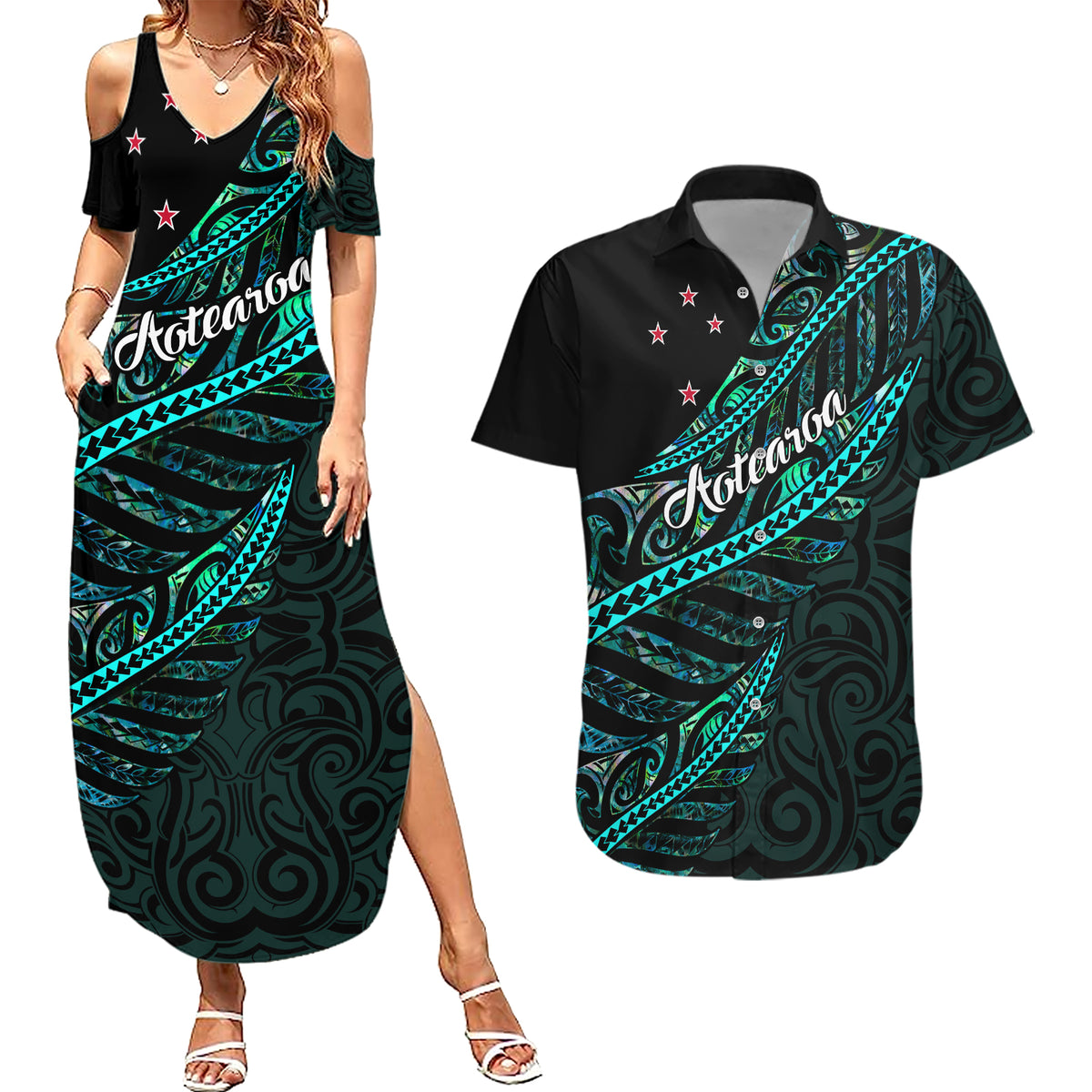 Personalised Aotearoa Couples Matching Summer Maxi Dress and Hawaiian Shirt Silver Fern Mix Paua Shell Polynesian Pattern - Wonder Print Shop