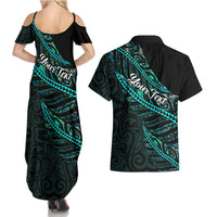 Personalised Aotearoa Couples Matching Summer Maxi Dress and Hawaiian Shirt Silver Fern Mix Paua Shell Polynesian Pattern - Wonder Print Shop