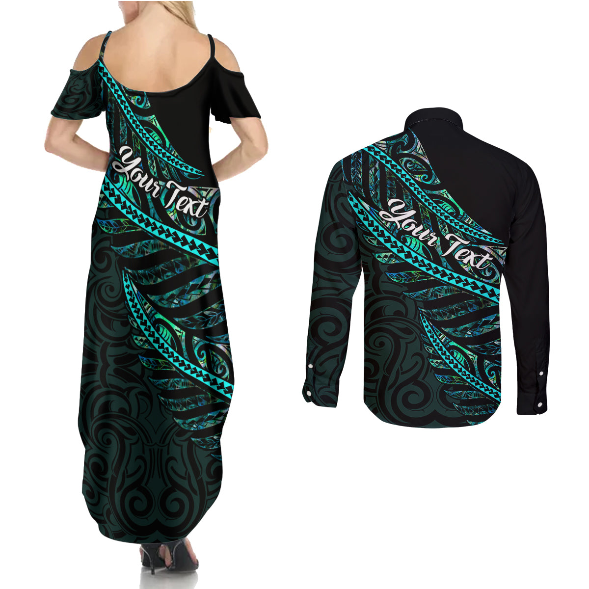 Personalised Aotearoa Couples Matching Summer Maxi Dress and Long Sleeve Button Shirts Silver Fern Mix Paua Shell Polynesian Pattern - Wonder Print Shop