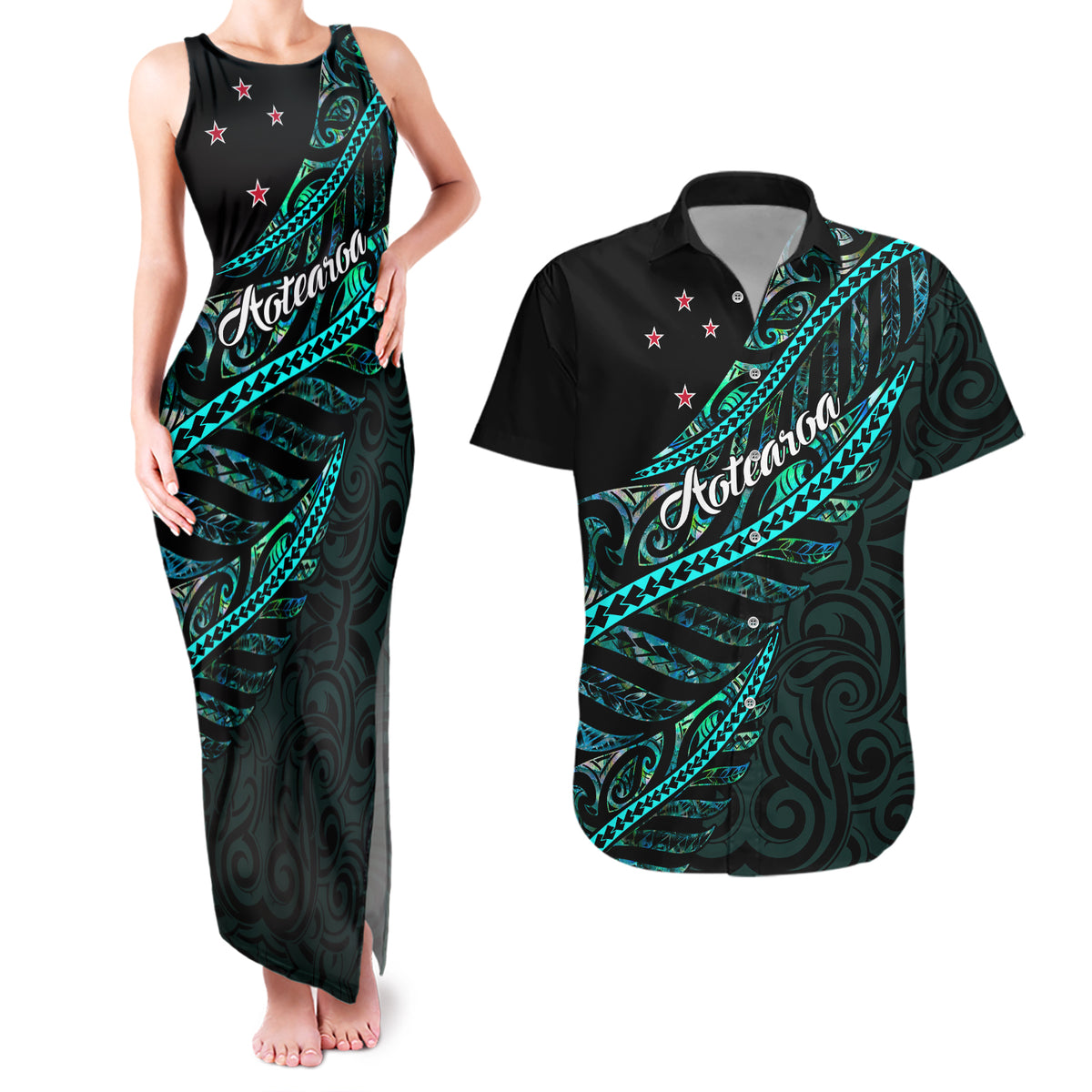 Personalised Aotearoa Couples Matching Tank Maxi Dress and Hawaiian Shirt Silver Fern Mix Paua Shell Polynesian Pattern - Wonder Print Shop