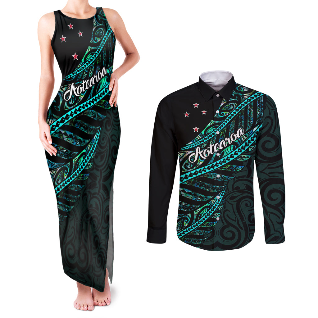 Personalised Aotearoa Couples Matching Tank Maxi Dress and Long Sleeve Button Shirts Silver Fern Mix Paua Shell Polynesian Pattern - Wonder Print Shop
