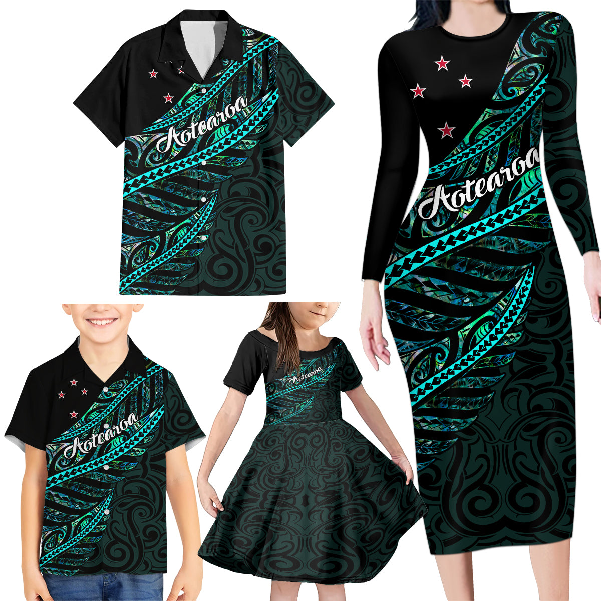 Personalised Aotearoa Family Matching Long Sleeve Bodycon Dress and Hawaiian Shirt Silver Fern Mix Paua Shell Polynesian Pattern - Wonder Print Shop