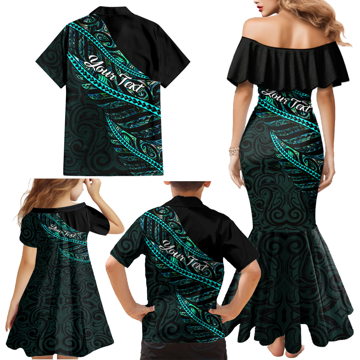 Personalised Aotearoa Family Matching Mermaid Dress and Hawaiian Shirt Silver Fern Mix Paua Shell Polynesian Pattern - Wonder Print Shop