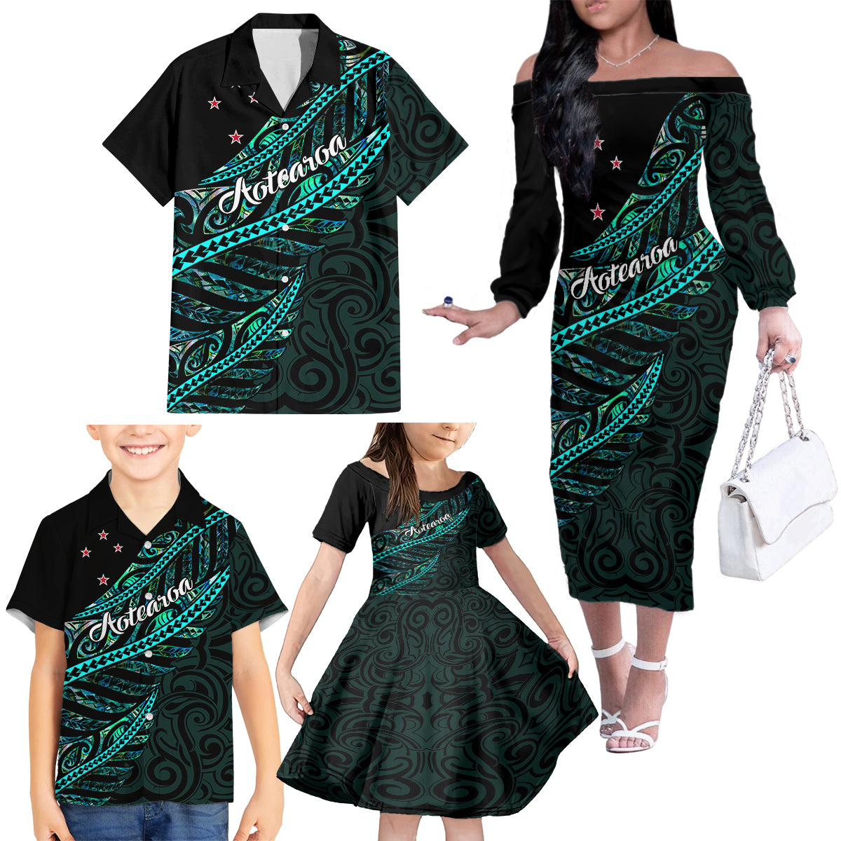 Personalised Aotearoa Family Matching Off Shoulder Long Sleeve Dress and Hawaiian Shirt Silver Fern Mix Paua Shell Polynesian Pattern - Wonder Print Shop