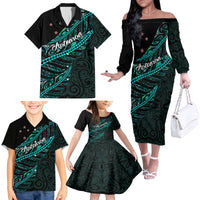 Personalised Aotearoa Family Matching Off Shoulder Long Sleeve Dress and Hawaiian Shirt Silver Fern Mix Paua Shell Polynesian Pattern - Wonder Print Shop