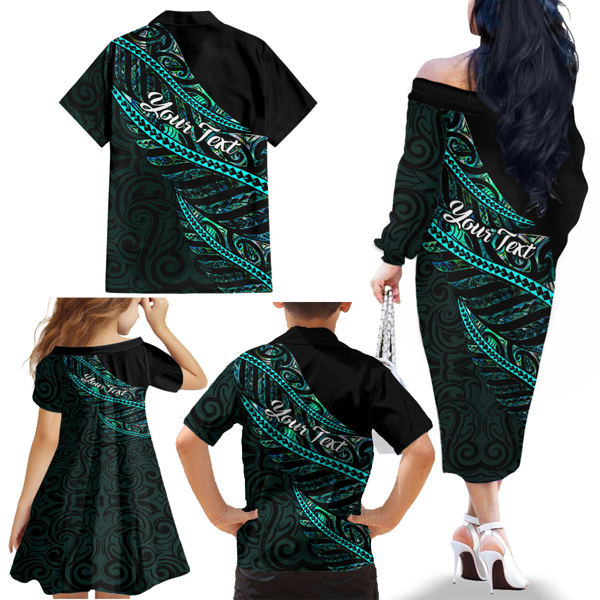 Personalised Aotearoa Family Matching Off Shoulder Long Sleeve Dress and Hawaiian Shirt Silver Fern Mix Paua Shell Polynesian Pattern - Wonder Print Shop
