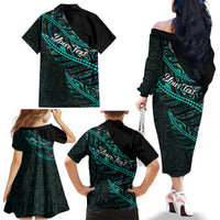 Personalised Aotearoa Family Matching Off Shoulder Long Sleeve Dress and Hawaiian Shirt Silver Fern Mix Paua Shell Polynesian Pattern - Wonder Print Shop