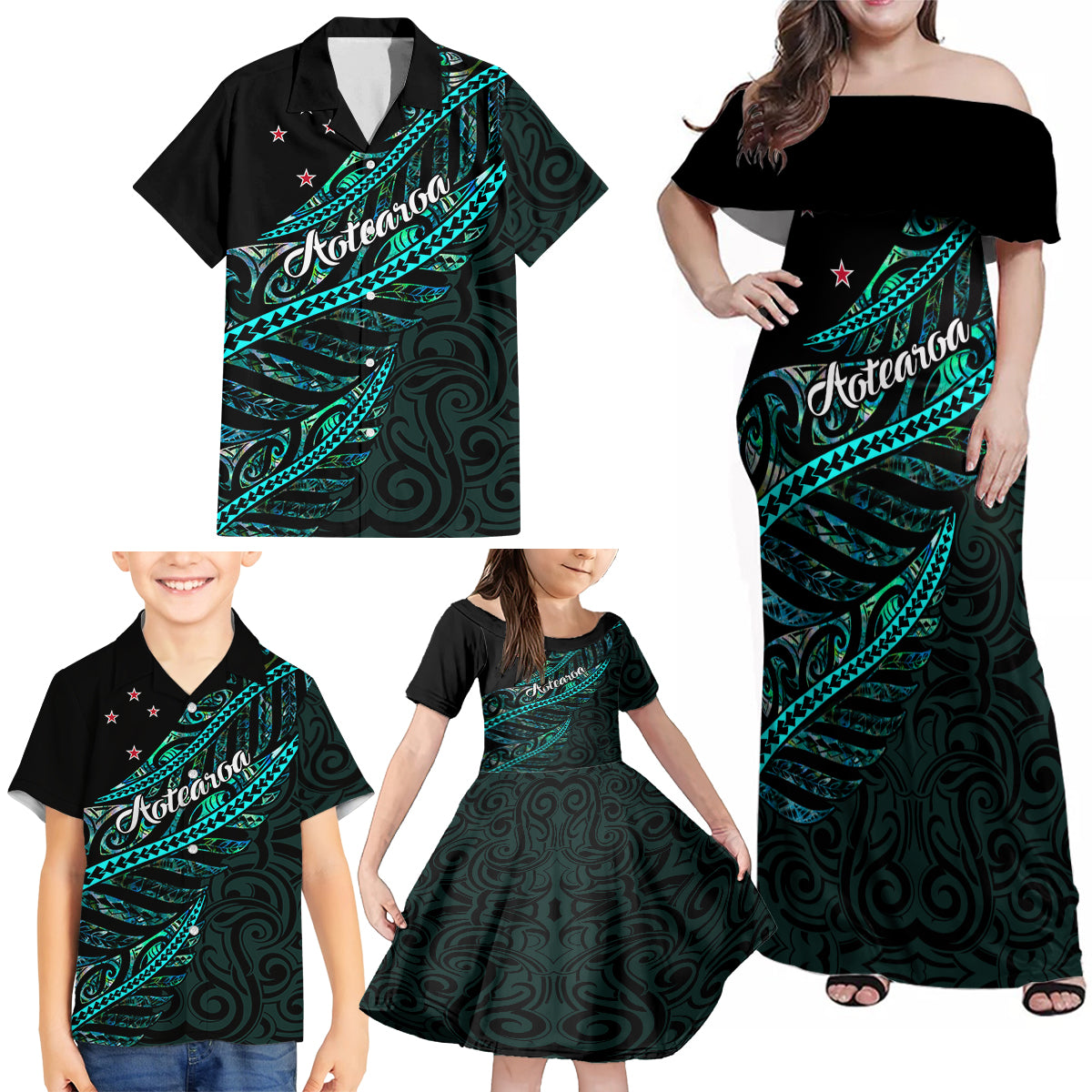 Personalised Aotearoa Family Matching Off Shoulder Maxi Dress and Hawaiian Shirt Silver Fern Mix Paua Shell Polynesian Pattern - Wonder Print Shop