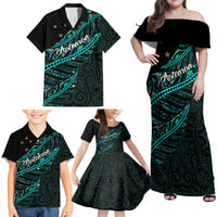 Personalised Aotearoa Family Matching Off Shoulder Maxi Dress and Hawaiian Shirt Silver Fern Mix Paua Shell Polynesian Pattern - Wonder Print Shop