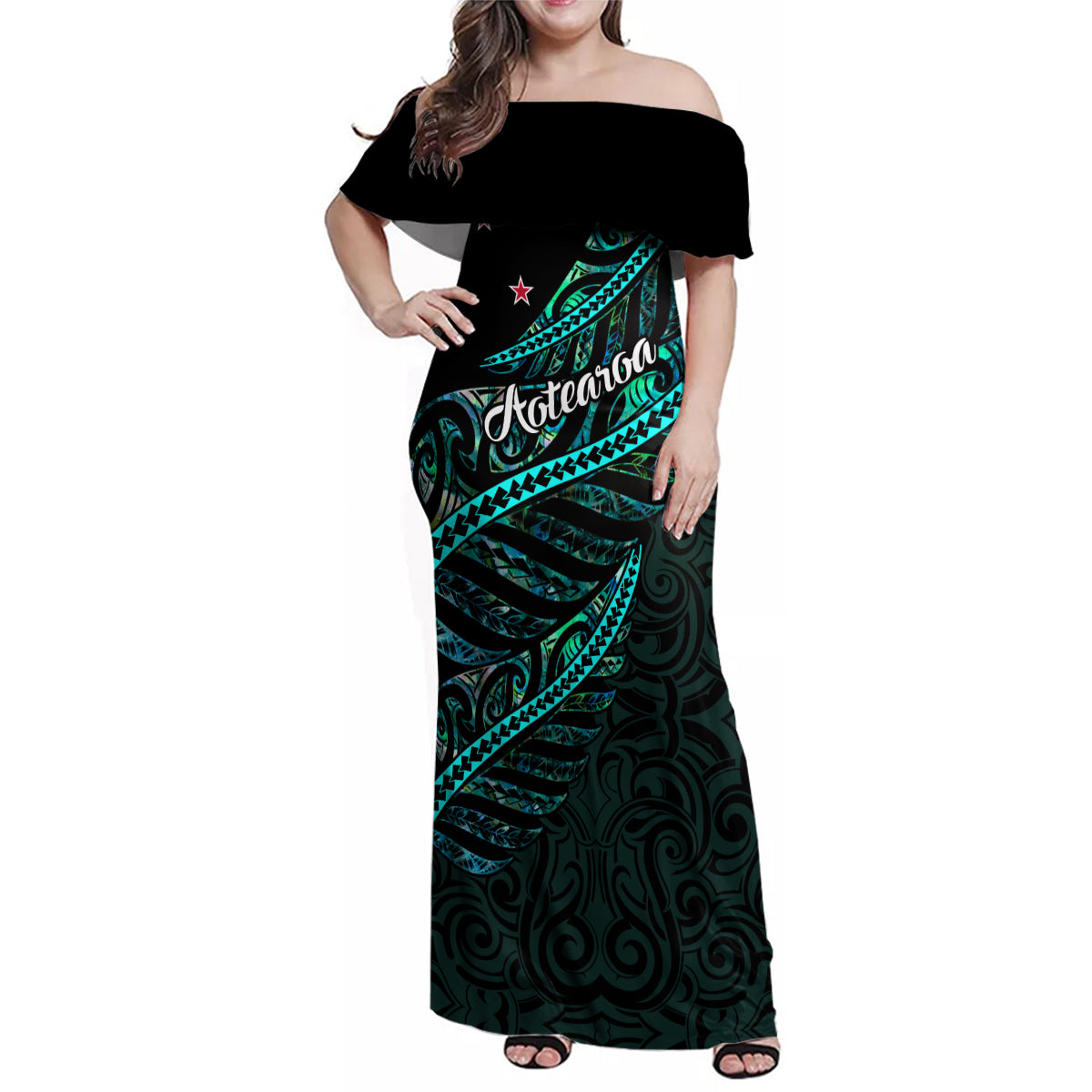 Personalised Aotearoa Family Matching Off Shoulder Maxi Dress and Hawaiian Shirt Silver Fern Mix Paua Shell Polynesian Pattern - Wonder Print Shop