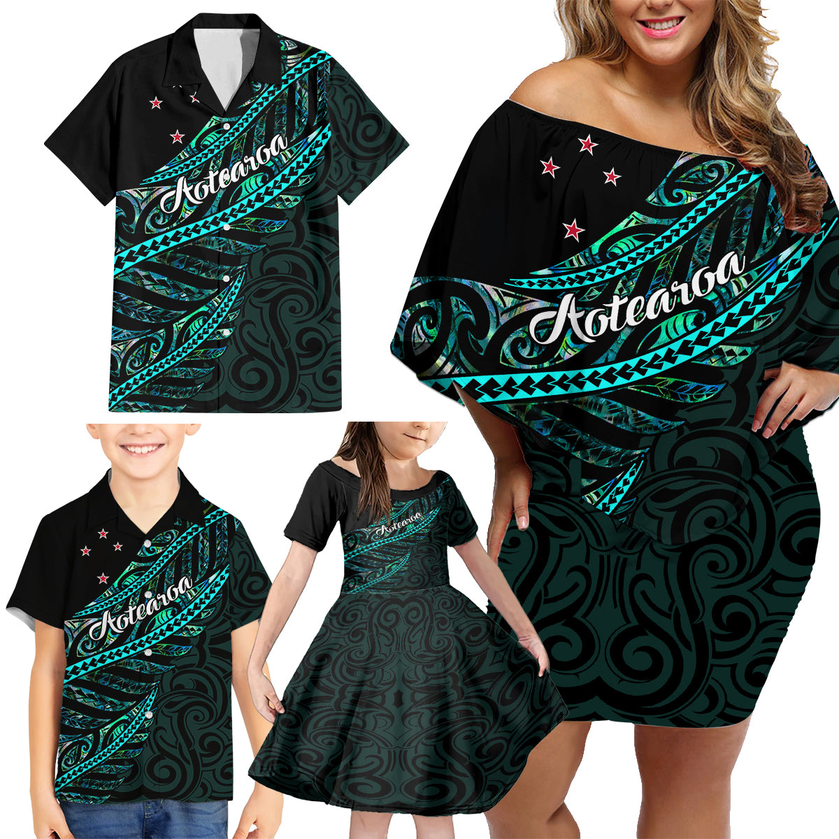 Personalised Aotearoa Family Matching Off Shoulder Short Dress and Hawaiian Shirt Silver Fern Mix Paua Shell Polynesian Pattern - Wonder Print Shop