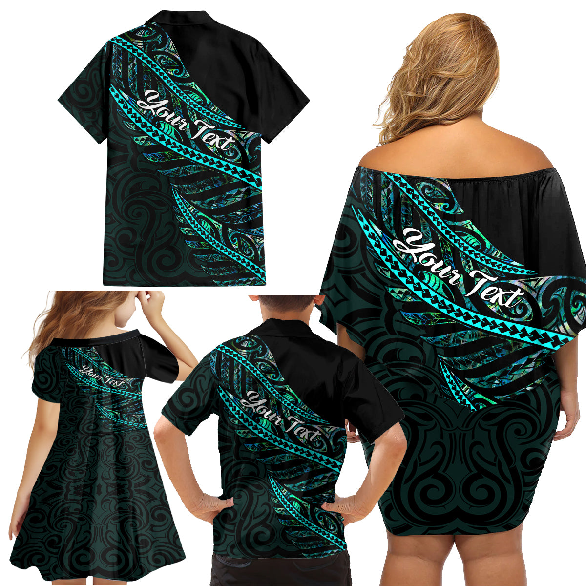 Personalised Aotearoa Family Matching Off Shoulder Short Dress and Hawaiian Shirt Silver Fern Mix Paua Shell Polynesian Pattern - Wonder Print Shop