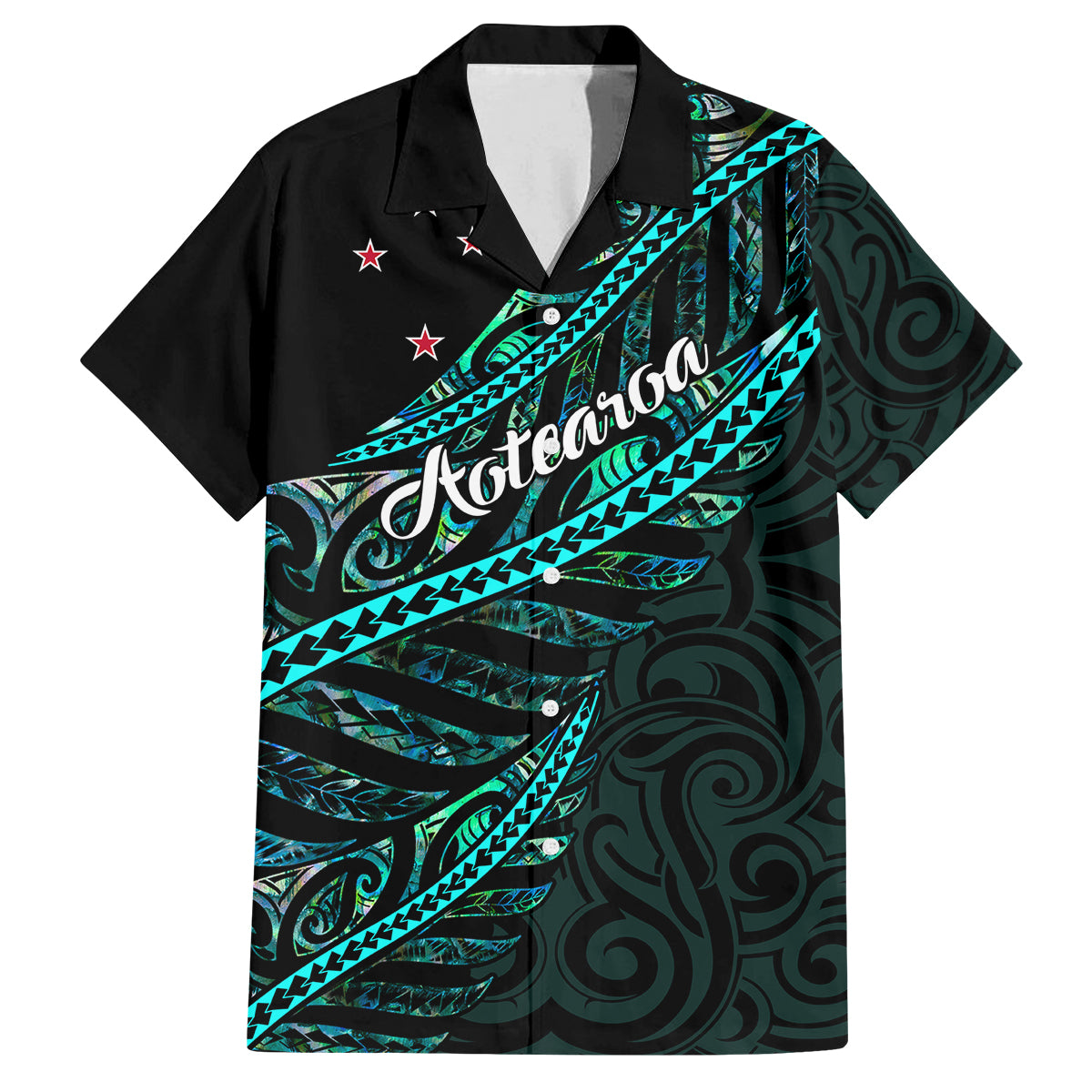 Personalised Aotearoa Family Matching Off Shoulder Short Dress and Hawaiian Shirt Silver Fern Mix Paua Shell Polynesian Pattern - Wonder Print Shop