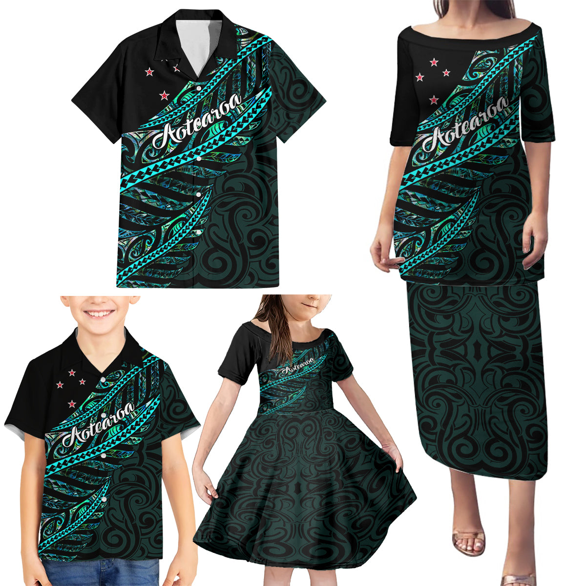 Personalised Aotearoa Family Matching Puletasi Dress and Hawaiian Shirt Silver Fern Mix Paua Shell Polynesian Pattern - Wonder Print Shop