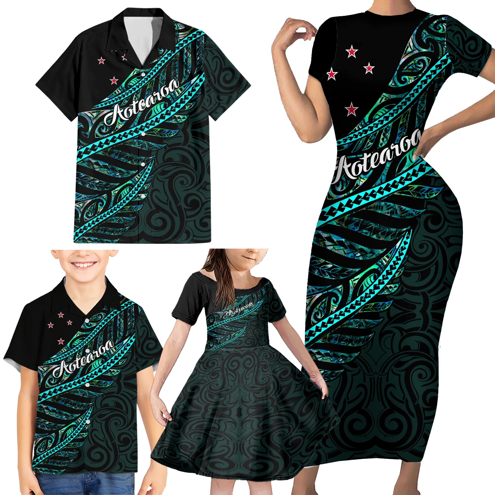 Personalised Aotearoa Family Matching Short Sleeve Bodycon Dress and Hawaiian Shirt Silver Fern Mix Paua Shell Polynesian Pattern - Wonder Print Shop