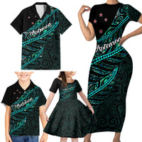 Personalised Aotearoa Family Matching Short Sleeve Bodycon Dress and Hawaiian Shirt Silver Fern Mix Paua Shell Polynesian Pattern - Wonder Print Shop