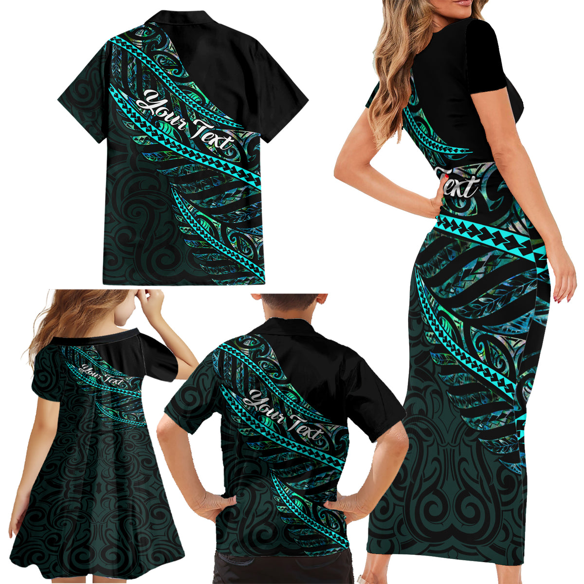 Personalised Aotearoa Family Matching Short Sleeve Bodycon Dress and Hawaiian Shirt Silver Fern Mix Paua Shell Polynesian Pattern - Wonder Print Shop