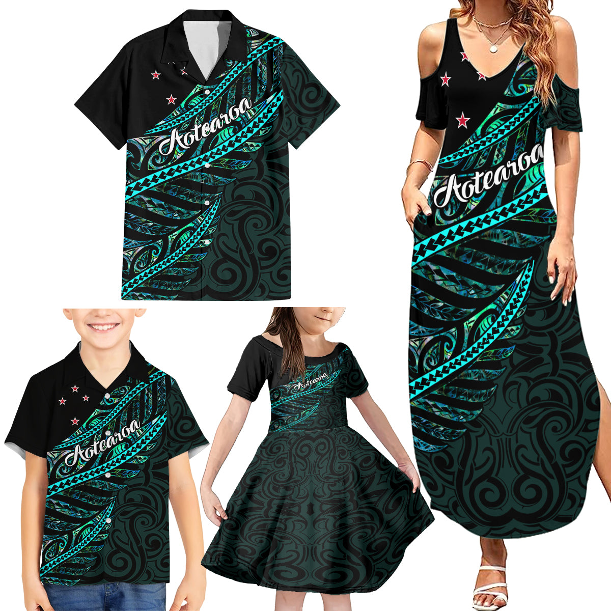 Personalised Aotearoa Family Matching Summer Maxi Dress and Hawaiian Shirt Silver Fern Mix Paua Shell Polynesian Pattern - Wonder Print Shop