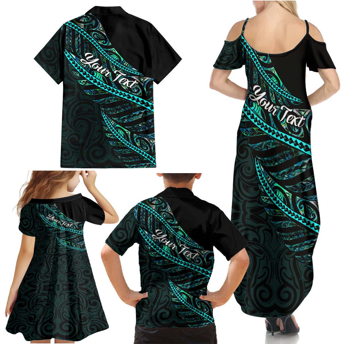 Personalised Aotearoa Family Matching Summer Maxi Dress and Hawaiian Shirt Silver Fern Mix Paua Shell Polynesian Pattern - Wonder Print Shop