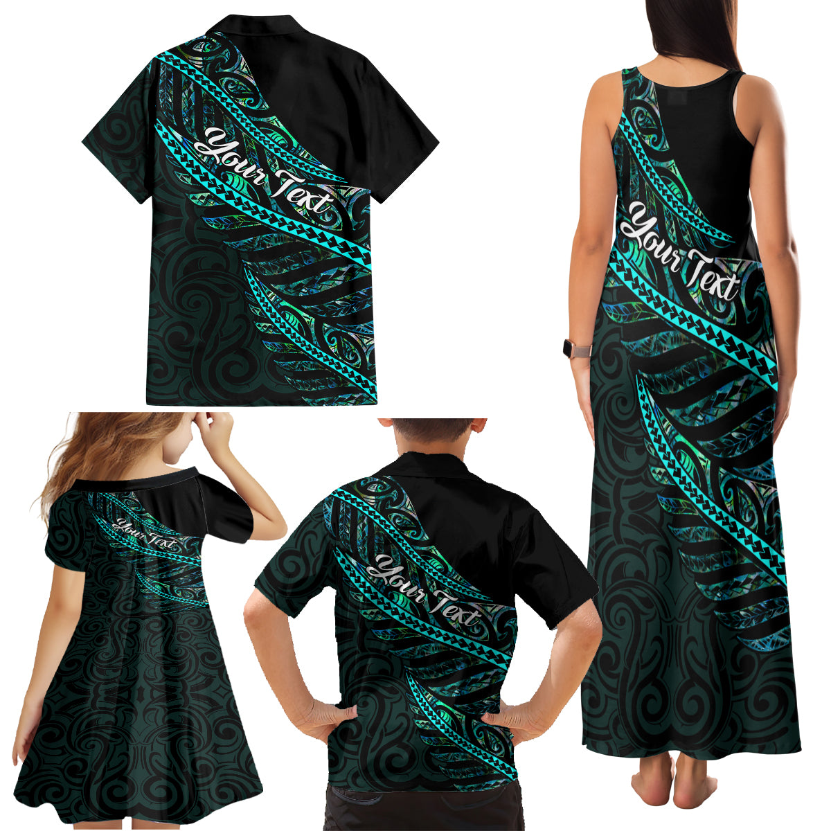 Personalised Aotearoa Family Matching Tank Maxi Dress and Hawaiian Shirt Silver Fern Mix Paua Shell Polynesian Pattern - Wonder Print Shop