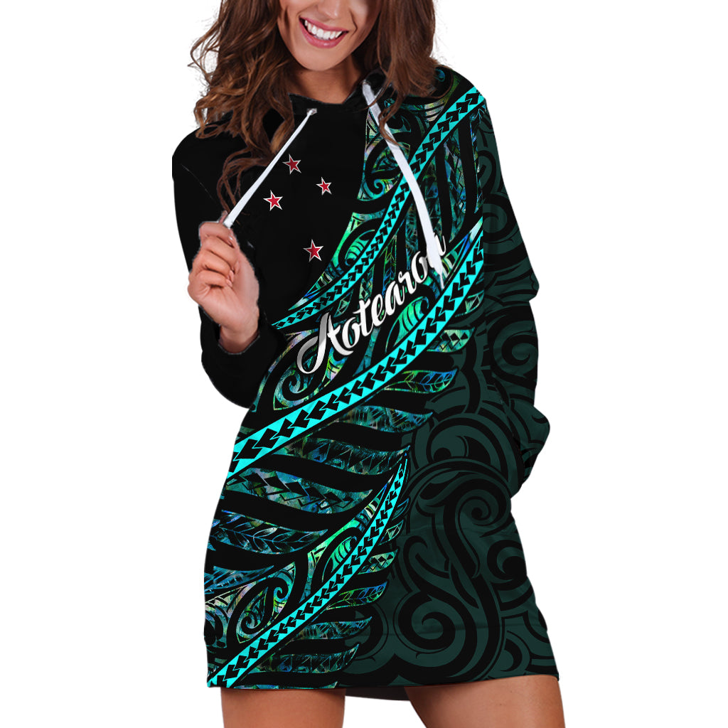 Personalised Aotearoa Hoodie Dress Silver Fern Mix Paua Shell Polynesian Pattern - Wonder Print Shop