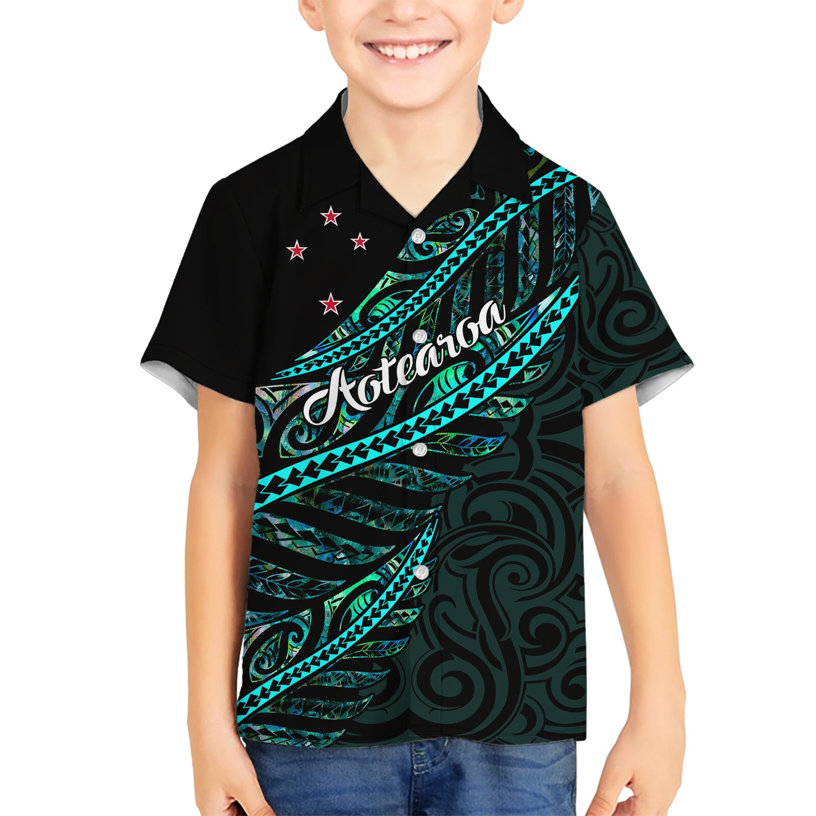 Personalised Aotearoa Kid Hawaiian Shirt Silver Fern Mix Paua Shell Polynesian Pattern - Wonder Print Shop