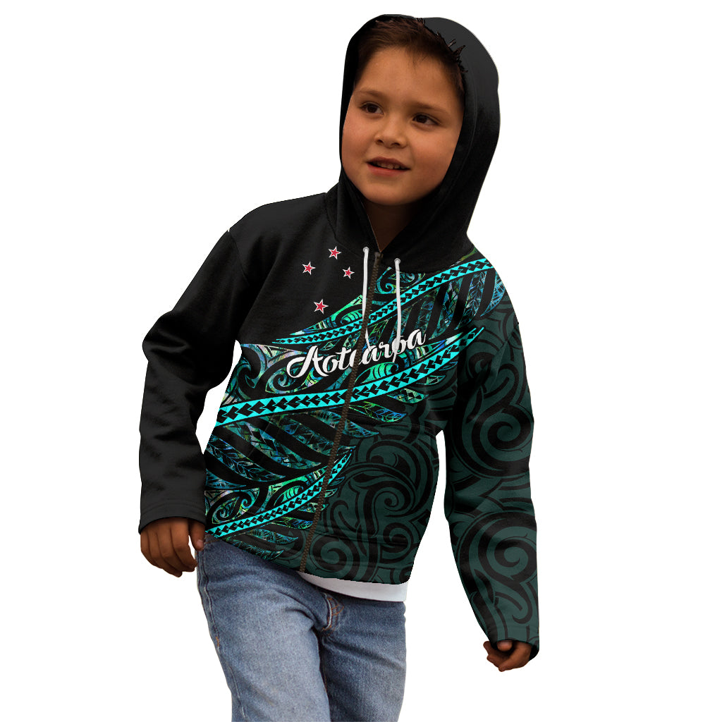 Personalised Aotearoa Kid Hoodie Silver Fern Mix Paua Shell Polynesian Pattern - Wonder Print Shop