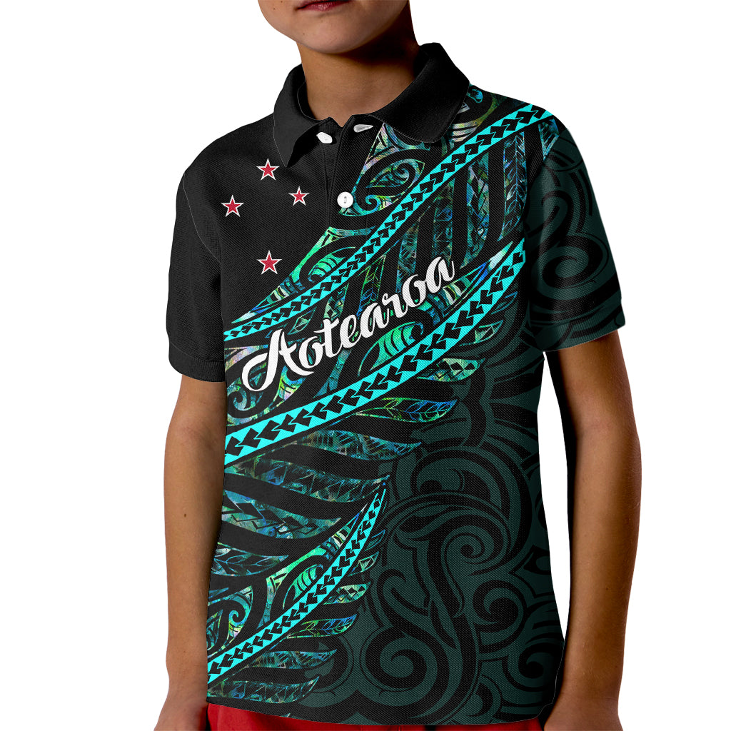 Personalised Aotearoa Kid Polo Shirt Silver Fern Mix Paua Shell Polynesian Pattern - Wonder Print Shop