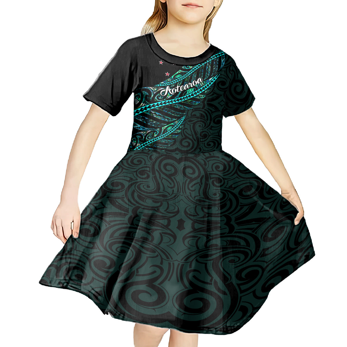 Personalised Aotearoa Kid Short Sleeve Dress Silver Fern Mix Paua Shell Polynesian Pattern - Wonder Print Shop