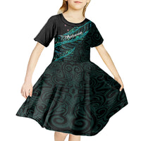 Personalised Aotearoa Kid Short Sleeve Dress Silver Fern Mix Paua Shell Polynesian Pattern - Wonder Print Shop