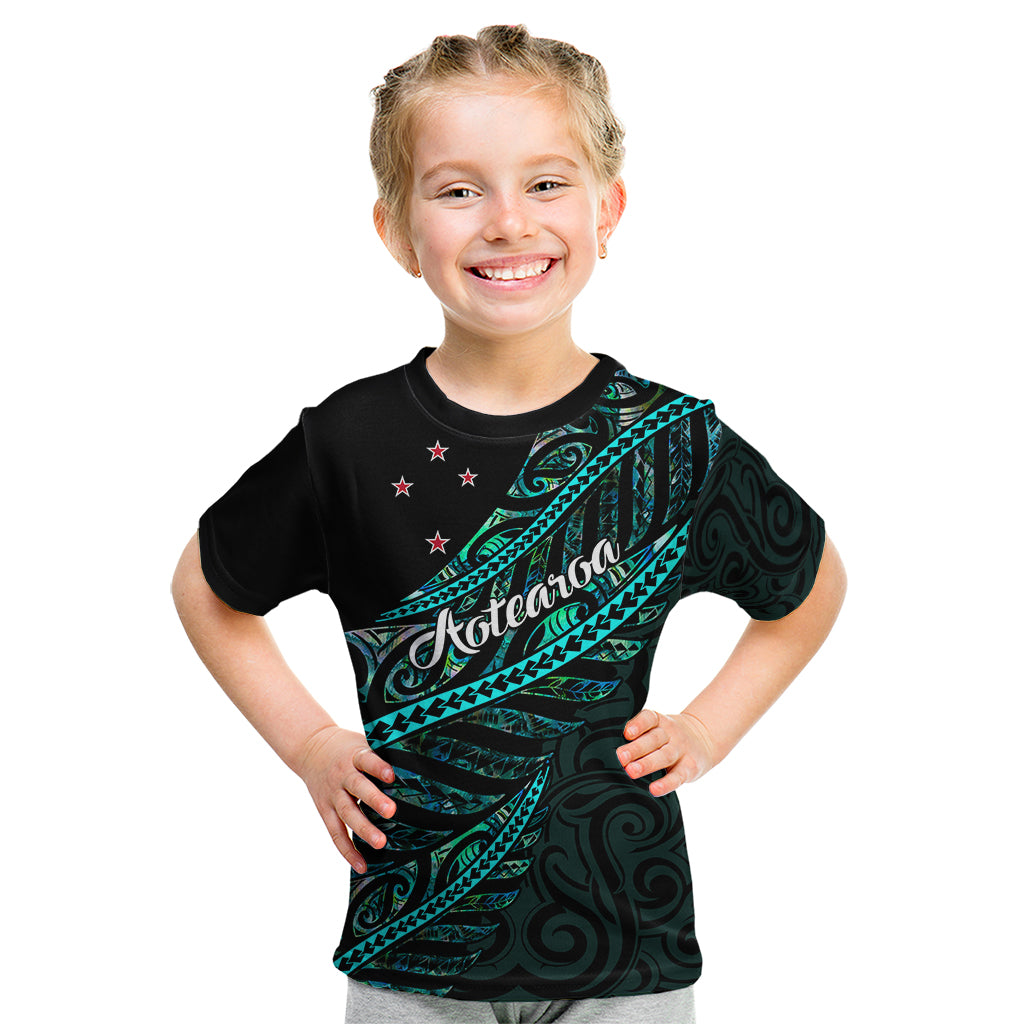 Personalised Aotearoa Kid T Shirt Silver Fern Mix Paua Shell Polynesian Pattern - Wonder Print Shop