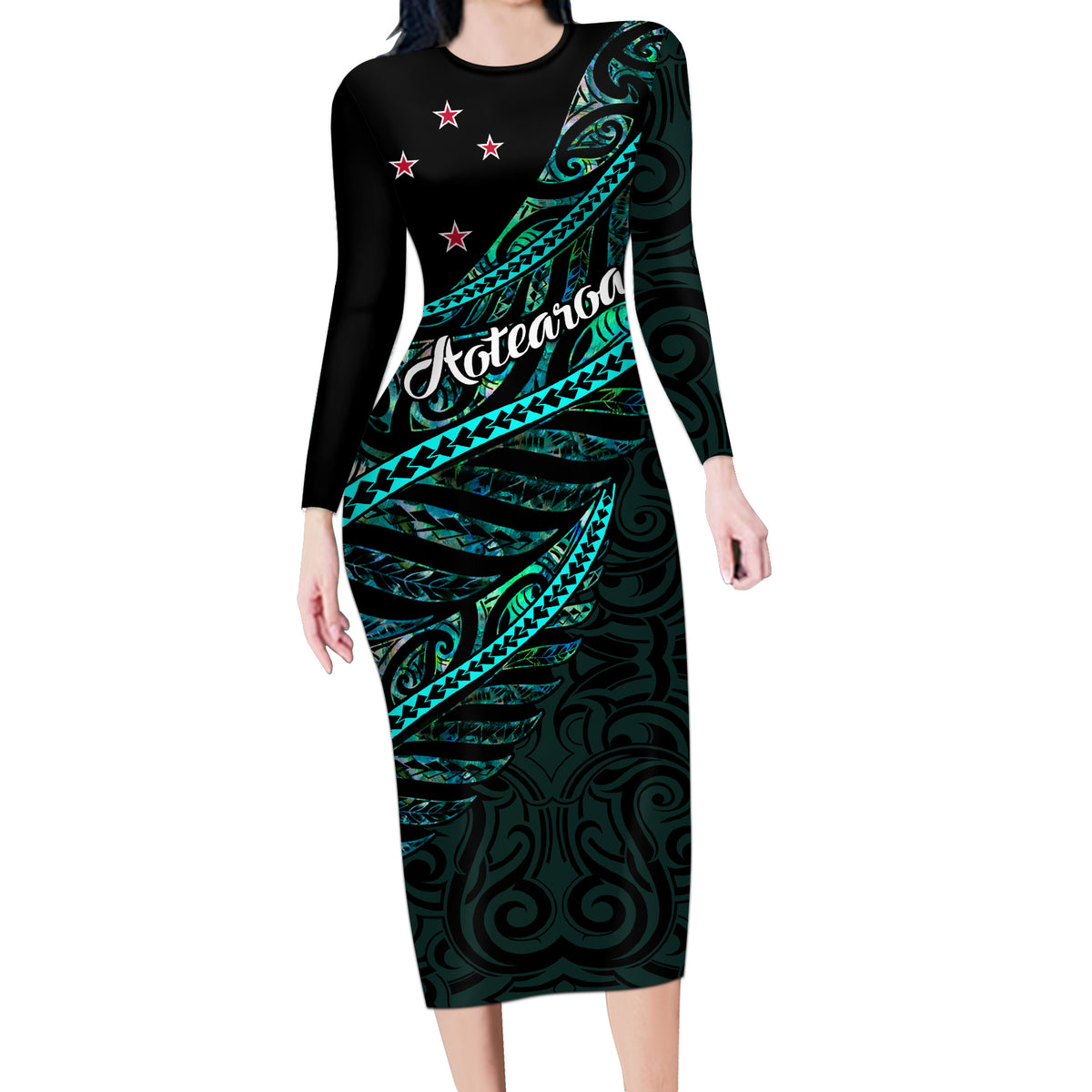 Personalised Aotearoa Long Sleeve Bodycon Dress Silver Fern Mix Paua Shell Polynesian Pattern - Wonder Print Shop