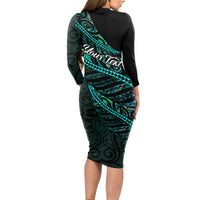 Personalised Aotearoa Long Sleeve Bodycon Dress Silver Fern Mix Paua Shell Polynesian Pattern - Wonder Print Shop