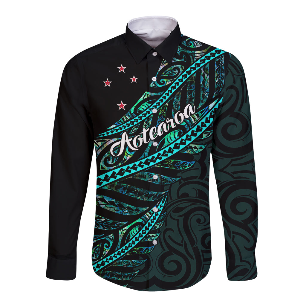 Personalised Aotearoa Long Sleeve Button Shirt Silver Fern Mix Paua Shell Polynesian Pattern - Wonder Print Shop