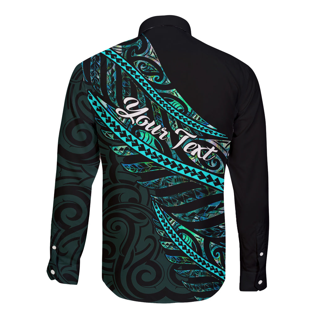 Personalised Aotearoa Long Sleeve Button Shirt Silver Fern Mix Paua Shell Polynesian Pattern - Wonder Print Shop