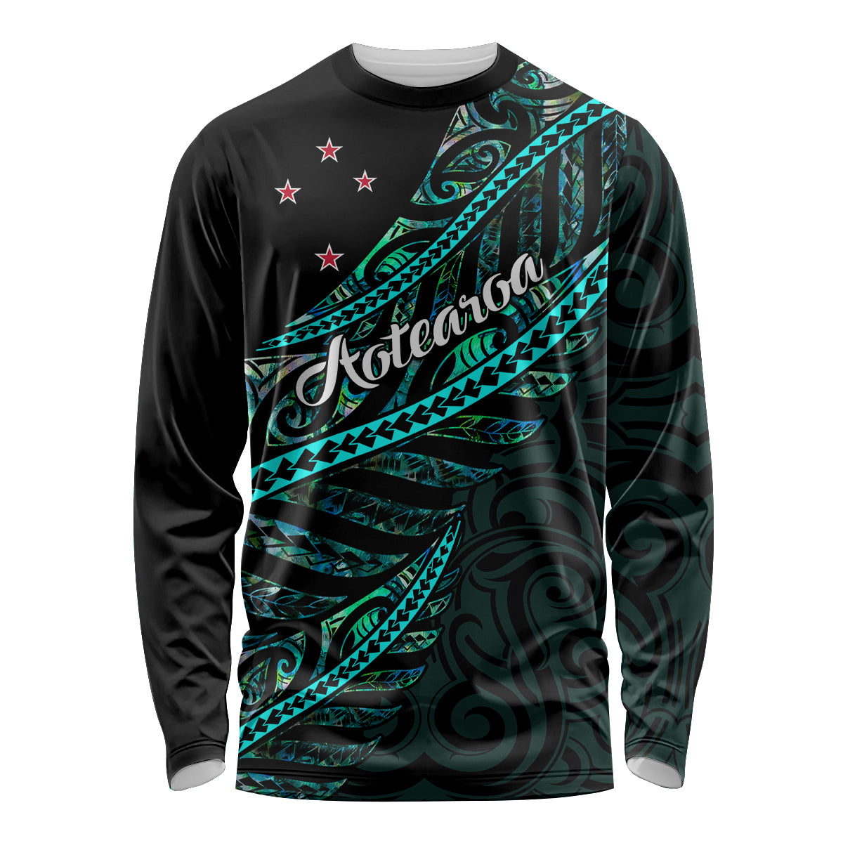 Personalised Aotearoa Long Sleeve Shirt Silver Fern Mix Paua Shell Polynesian Pattern - Wonder Print Shop