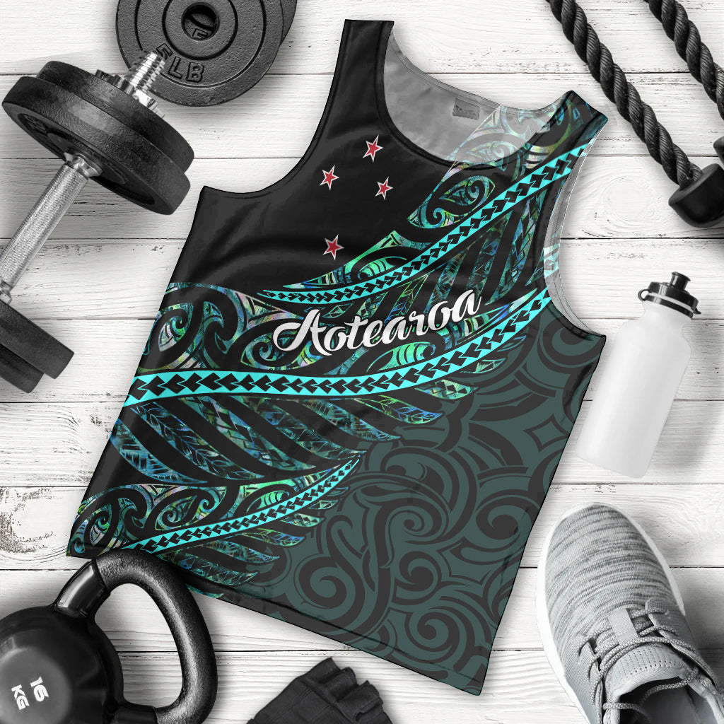 Personalised Aotearoa Men Tank Top Silver Fern Mix Paua Shell Polynesian Pattern - Wonder Print Shop