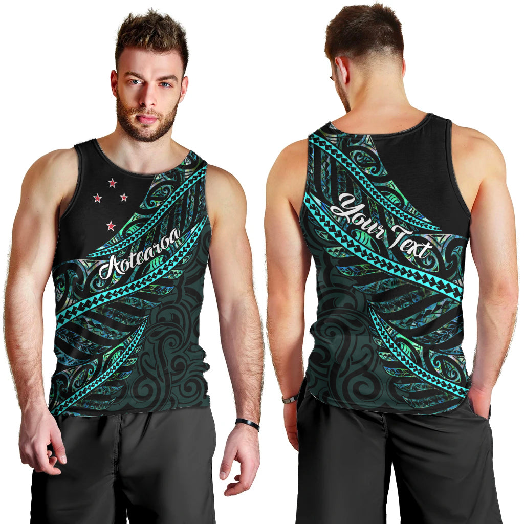Personalised Aotearoa Men Tank Top Silver Fern Mix Paua Shell Polynesian Pattern - Wonder Print Shop
