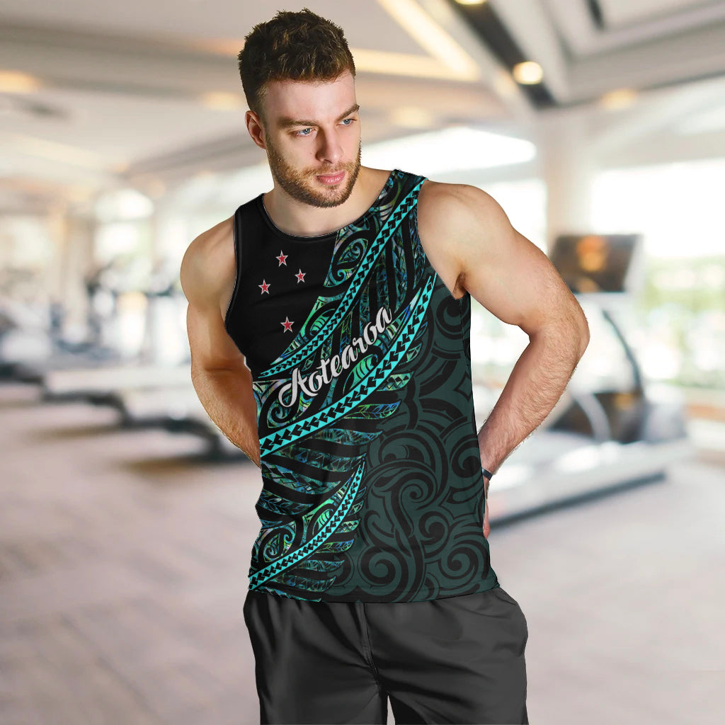 Personalised Aotearoa Men Tank Top Silver Fern Mix Paua Shell Polynesian Pattern - Wonder Print Shop