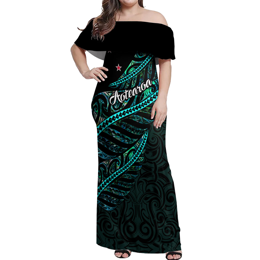 Personalised Aotearoa Off Shoulder Maxi Dress Silver Fern Mix Paua Shell Polynesian Pattern - Wonder Print Shop