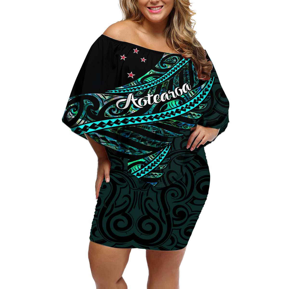 Personalised Aotearoa Off Shoulder Short Dress Silver Fern Mix Paua Shell Polynesian Pattern - Wonder Print Shop