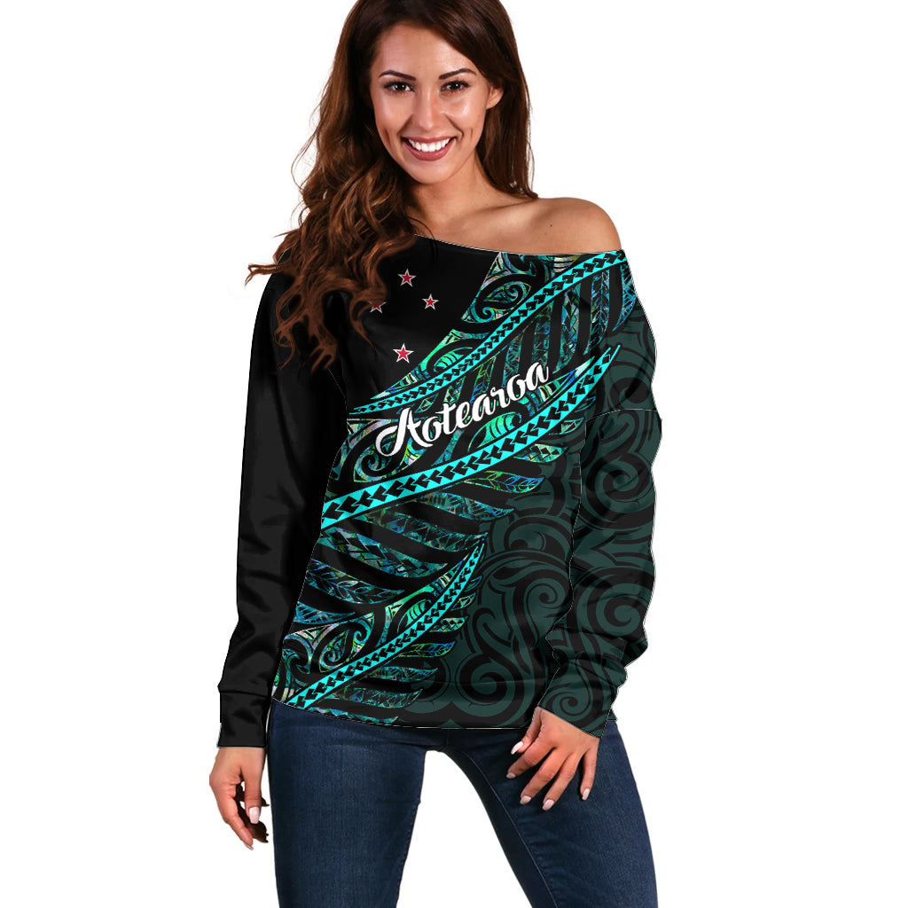 Personalised Aotearoa Off Shoulder Sweater Silver Fern Mix Paua Shell Polynesian Pattern - Wonder Print Shop