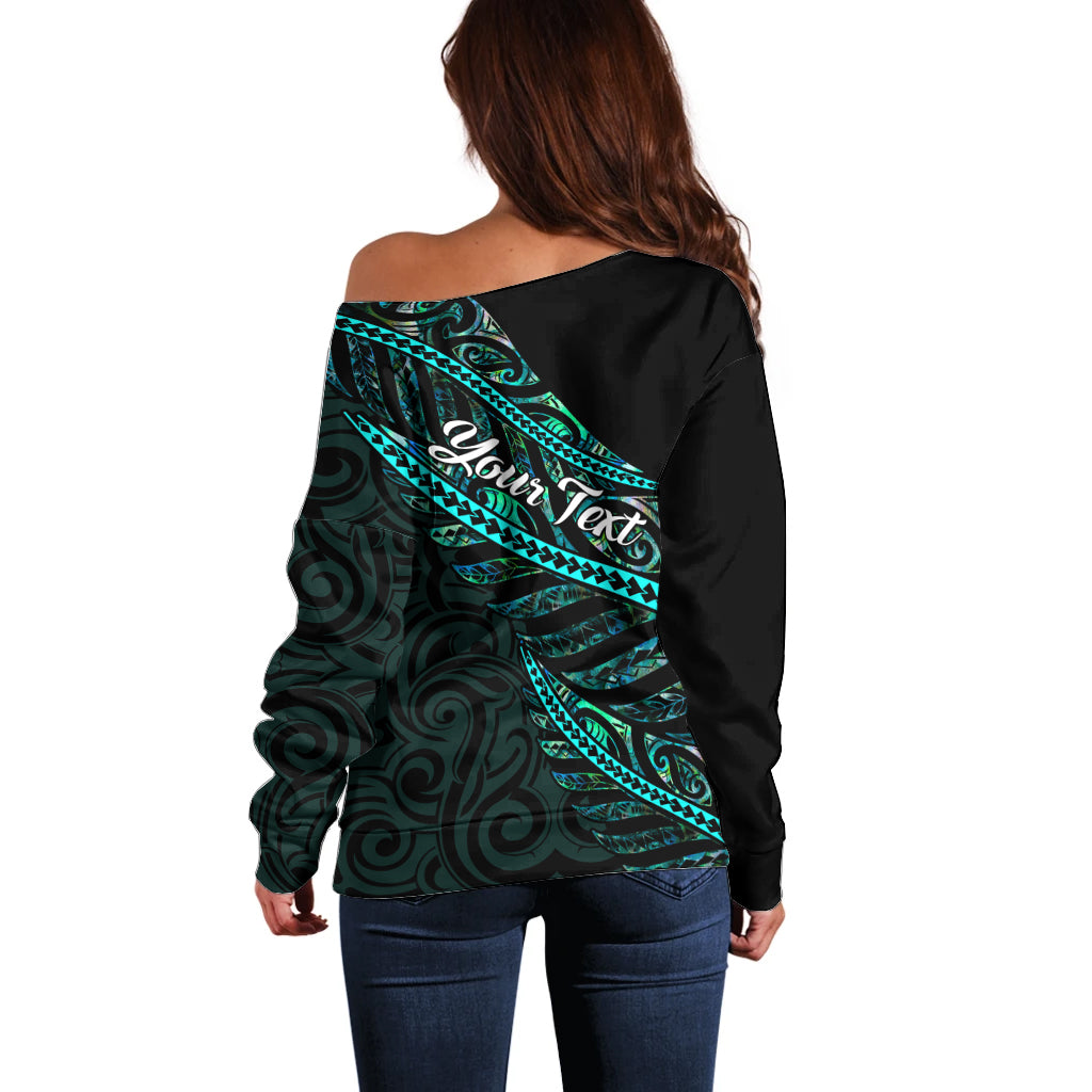Personalised Aotearoa Off Shoulder Sweater Silver Fern Mix Paua Shell Polynesian Pattern - Wonder Print Shop