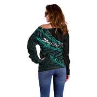 Personalised Aotearoa Off Shoulder Sweater Silver Fern Mix Paua Shell Polynesian Pattern - Wonder Print Shop