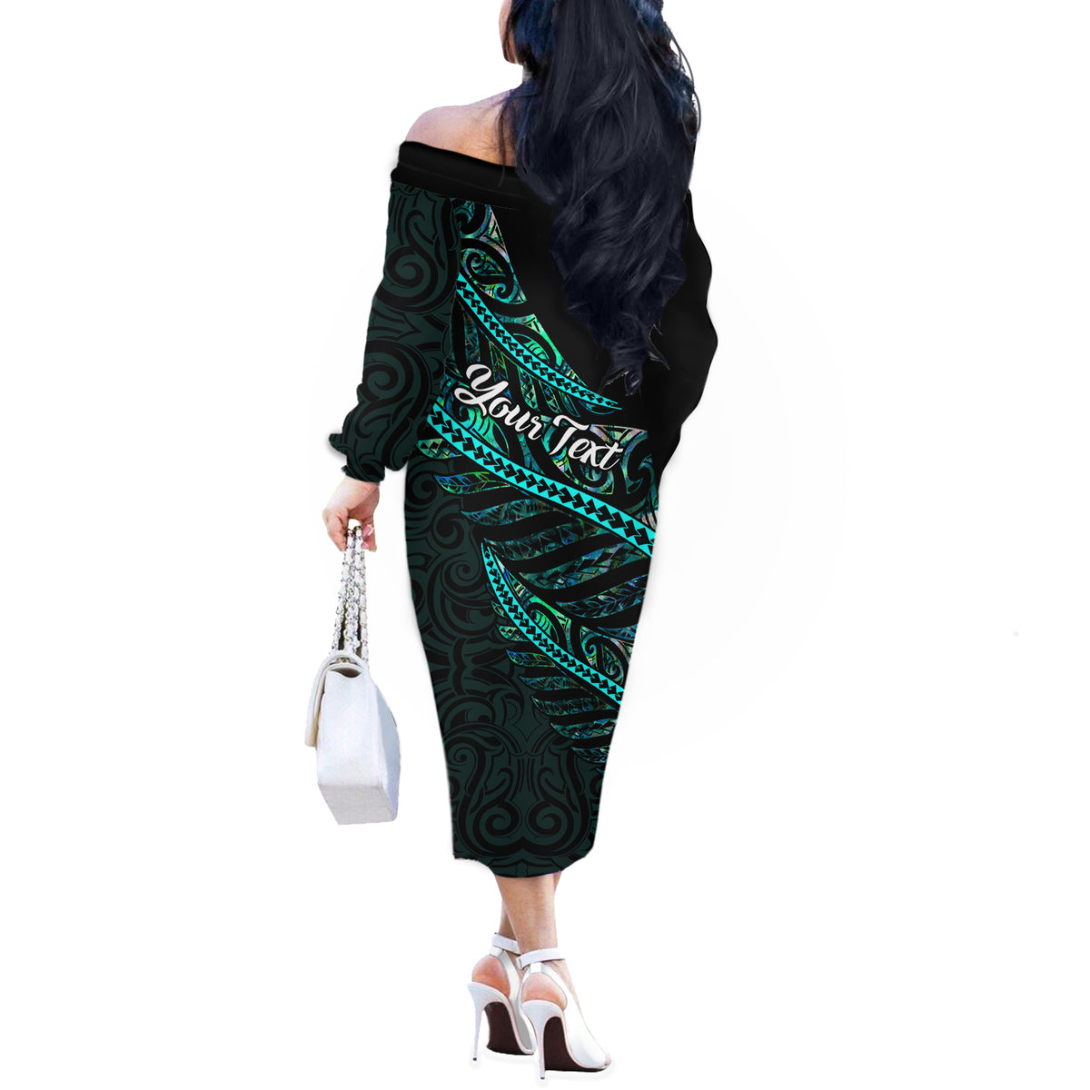 Personalised Aotearoa Off The Shoulder Long Sleeve Dress Silver Fern Mix Paua Shell Polynesian Pattern - Wonder Print Shop