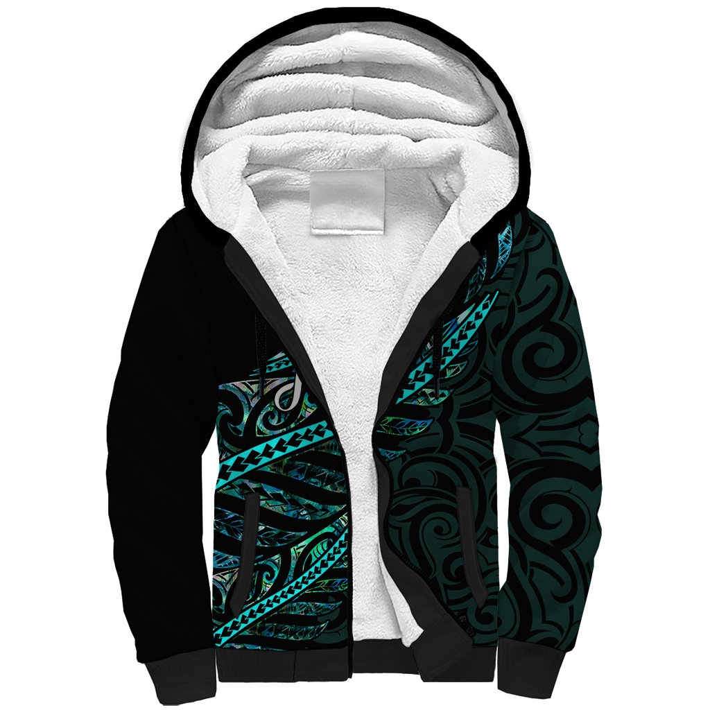 Personalised Aotearoa Sherpa Hoodie Silver Fern Mix Paua Shell Polynesian Pattern - Wonder Print Shop